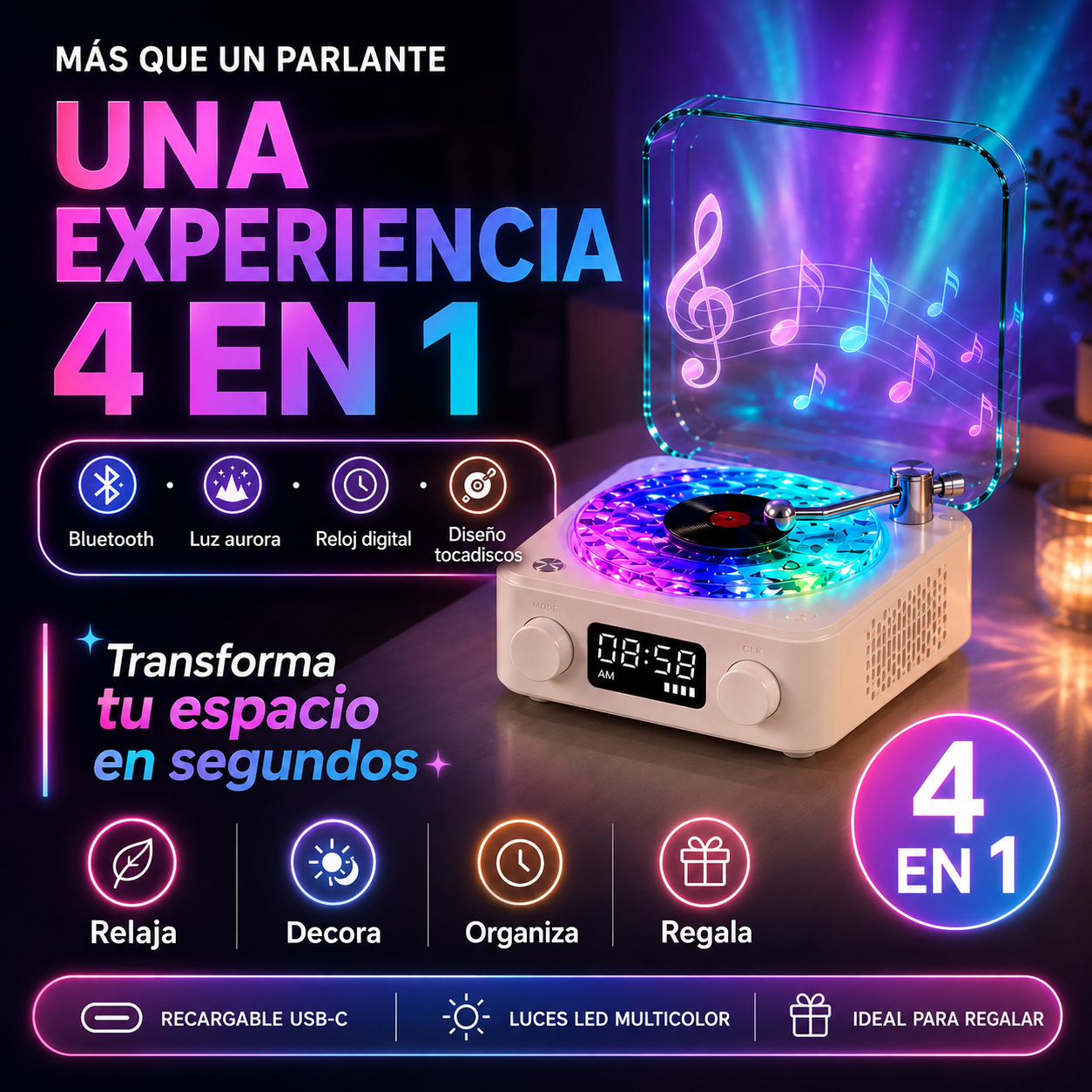 tocadiscos Bluetooth inspirado en el océano que combina música, iluminación y sonidos relajantes
