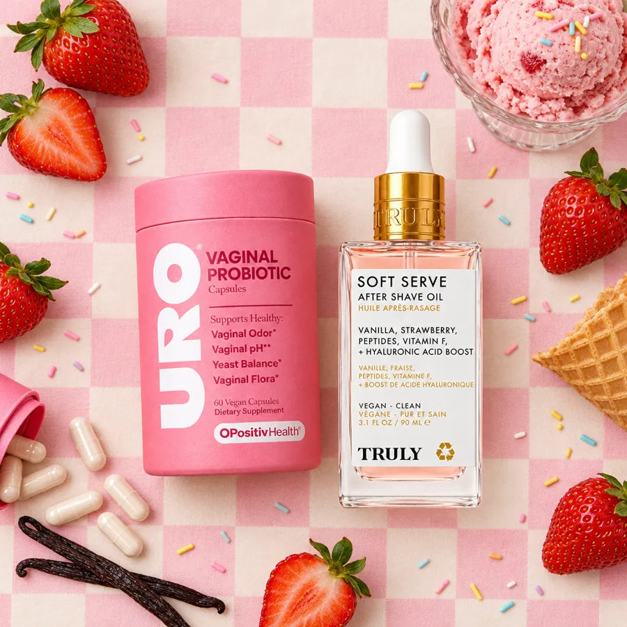 URO y Truly sobre un mantel de cuadros con fresas y helado