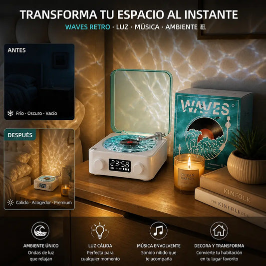 tocadiscos Bluetooth inspirado en el océano que combina música, iluminación y sonidos relajantes