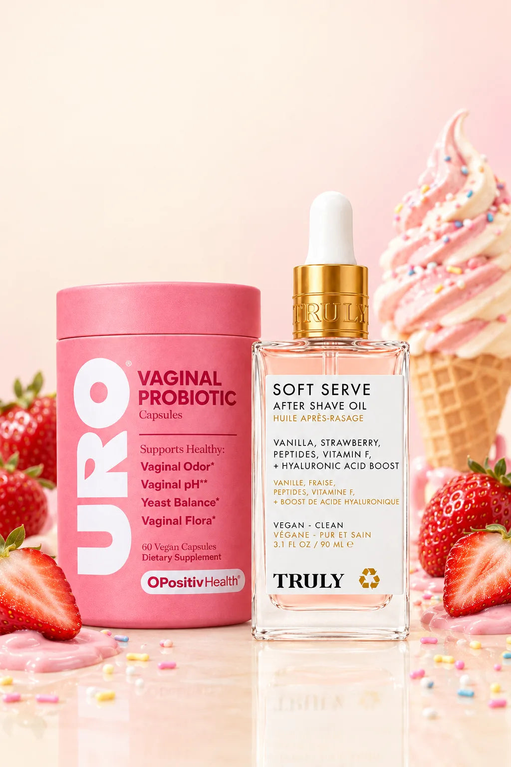 Frasco URO y aceite Truly Soft Serve junto a un helado de fresa y vainilla