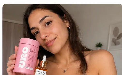 Clienta con el frasco URO junto a la cara